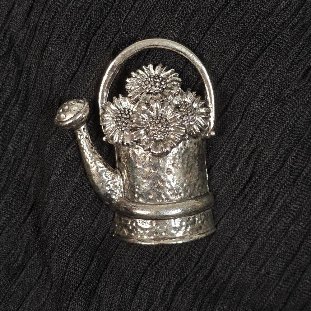 Vintage 1995 Watering Can Brooch Silver Tone Daisy Flower Garden Pin Signed BG